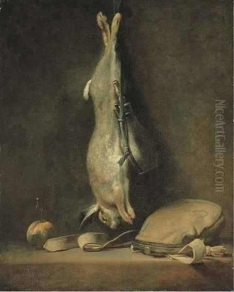 A Hare And A Powder Flask Suspended From A Nail, A Game Bag And An Orange On A Stone Ledge Oil Painting by Jean-Baptiste-Simeon Chardin