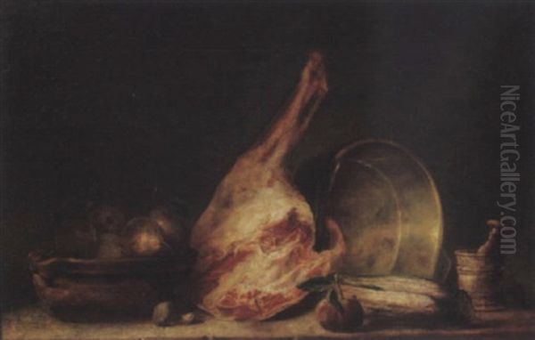 A Ham, A Terracotta Bowl, A Copper Cauldron, Pears And A Pestle And Mortar On A Table by Jean-Baptiste-Simeon Chardin