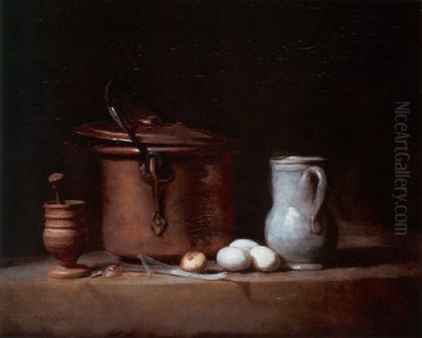 Kitchen Still Life With Copper Cauldron, A Mortar And Pestle, A Leek, Three Eggs And A White Pitcher Oil Painting by Jean-Baptiste-Simeon Chardin