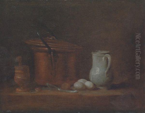 A Copper Cauldron, A Pestle And Mortar, A Stonewar Jug, Eggs And A Spring Onion On A Ledge Oil Painting by Jean-Baptiste-Simeon Chardin