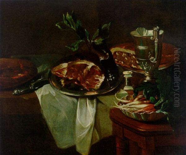 A Loaf Of Bread, A Ham On A Salver, And A Gilt Jug With A Knife And Fork On A Draped Ledge, With A Bowl Of Radishes On A Stool by Jean-Baptiste-Simeon Chardin