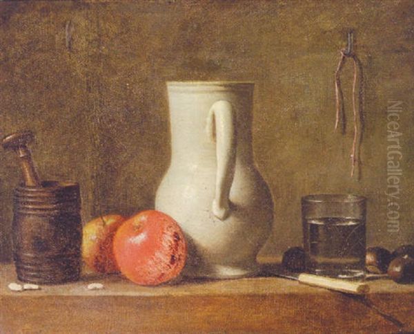 Apples, Horse-chestnuts, A Pestle And Mortar, A Jug, A Knife And A Glass On A Table by Jean-Baptiste-Simeon Chardin