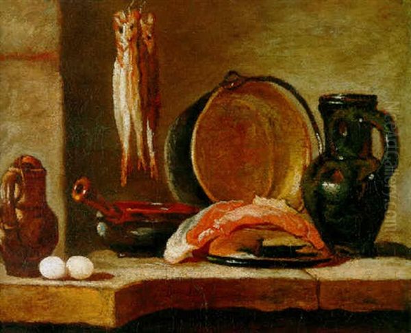 Still Life With Two Eggs, Two Jugs, Hanging Fish, Salmon On A Plate And A Copper Pot All On A Stone Ledge Oil Painting by Jean-Baptiste-Simeon Chardin