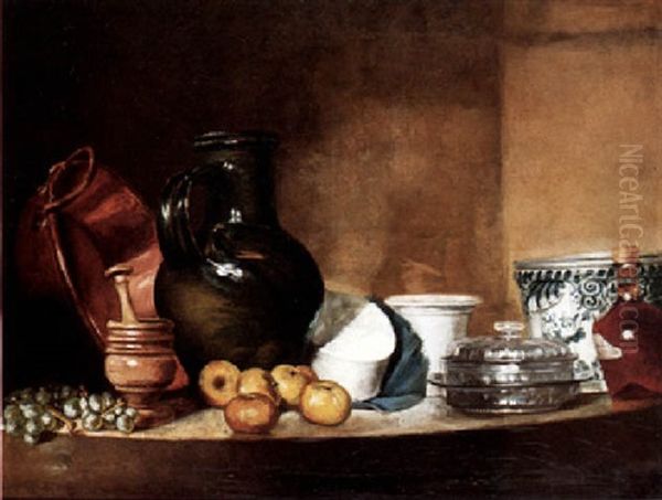 A Still Life Of Apples, Grapes, A Pestle And Mortar, A Stoneware Jug And Other Vessels, All Upon A Stone Ledge Oil Painting by Jean-Baptiste-Simeon Chardin