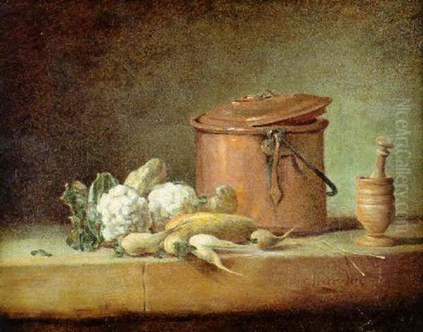 Nature Morte Au Chaudron Et Legumes Sur Un Entablement Oil Painting by Jean-Baptiste-Simeon Chardin