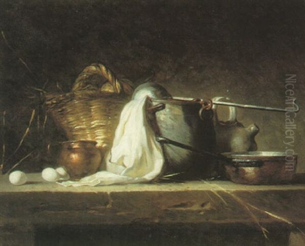 Kitchen Still Life With A Wicker-basket Oil Painting by Jean-Baptiste-Simeon Chardin