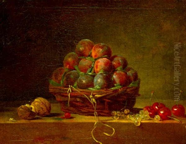 Panier De Prunes Avec Noix, Groseilles Et Cerises Sur Un Entablement Oil Painting by Jean-Baptiste-Simeon Chardin