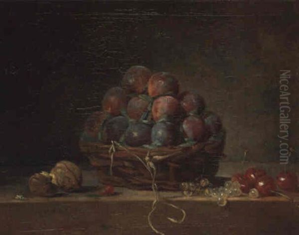 Panier De Prunes Avec Noix, Groseilles Et Cerises Sur Un Entablement Oil Painting by Jean-Baptiste-Simeon Chardin