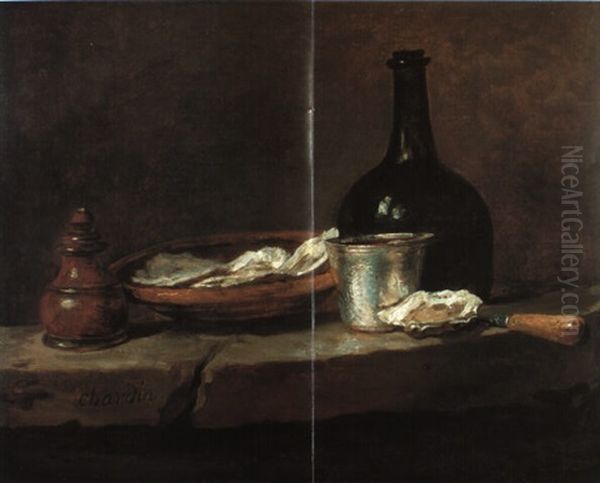 Still Life With A Dish Of Oysters And A Bottle Oil Painting by Jean-Baptiste-Simeon Chardin