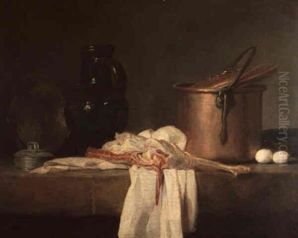 Gigot Sur Un Linge Blanc Avec Une Marmite Et Son Couvercle, Deux Oeufs, Un Chaudron, Une Cruche Et Un Couvercle Oil Painting by Jean-Baptiste-Simeon Chardin