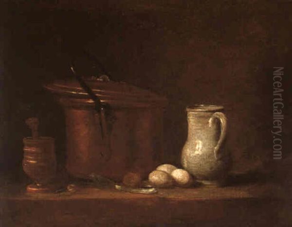 Table De Cuisine Avec Marmite De Cuivre, ,grugeoir Et Son Pilon... Oil Painting by Jean-Baptiste-Simeon Chardin