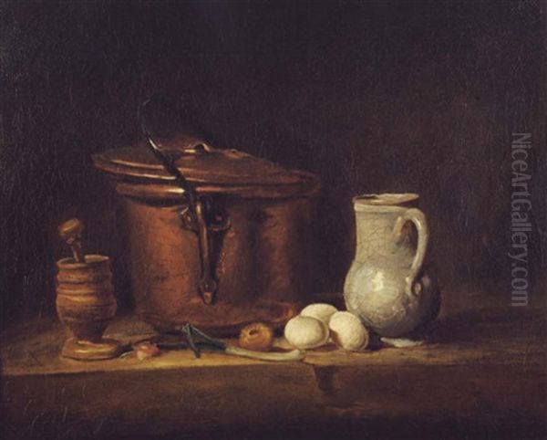 Table De Cuisine Avec Marmite De Cuivre, Egrugeoir Et Son   Pilon... Oil Painting by Jean-Baptiste-Simeon Chardin