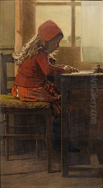 Dutch Girl At A Writing Desk Oil Painting by Eduard Charlemont