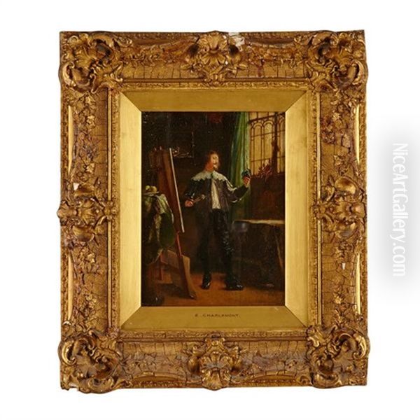 Cavalier By Easel Studying A Classical Head Oil Painting by Eduard Charlemont