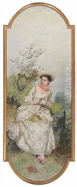 A Portrait Of A Young Lady Seated On A Wall (+ A Portrait Of A Woman, Seated On A Balustrade, Holding A Guitar; Pair) by Eduard Charlemont