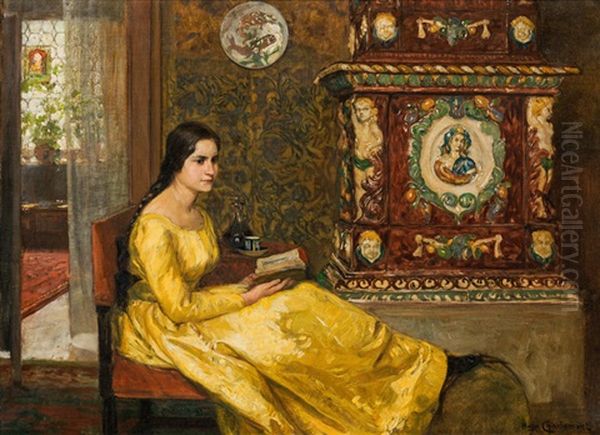 Interieur Mit Lesender Dame Oil Painting by Hugo Charlemont