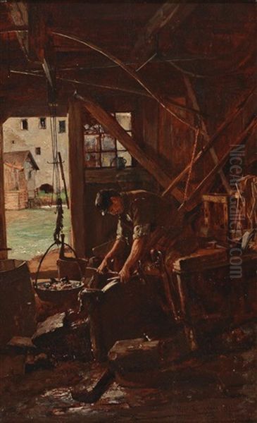 A Blacksmith In His Workshop Oil Painting by Hugo Charlemont