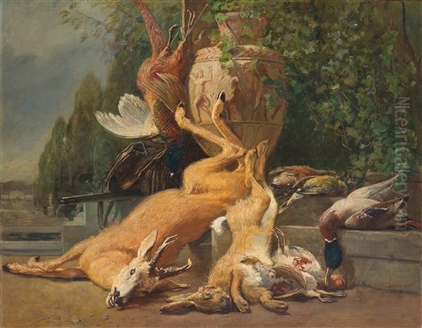 Large Hunting Still Life Oil Painting by Hugo Charlemont