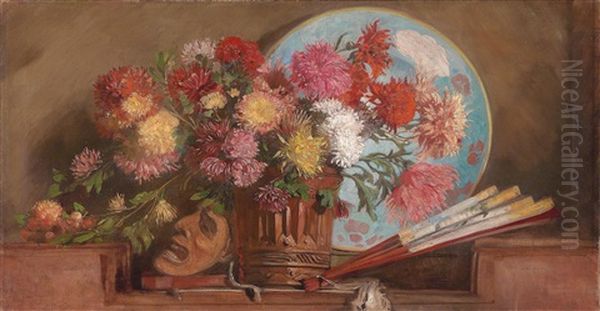 Astern In Vase Bzw. Dahlien Mit Facher Und Maske  (dreiteilige Wandvertafelung Einer Bibliothek) Oil Painting by Hugo Charlemont