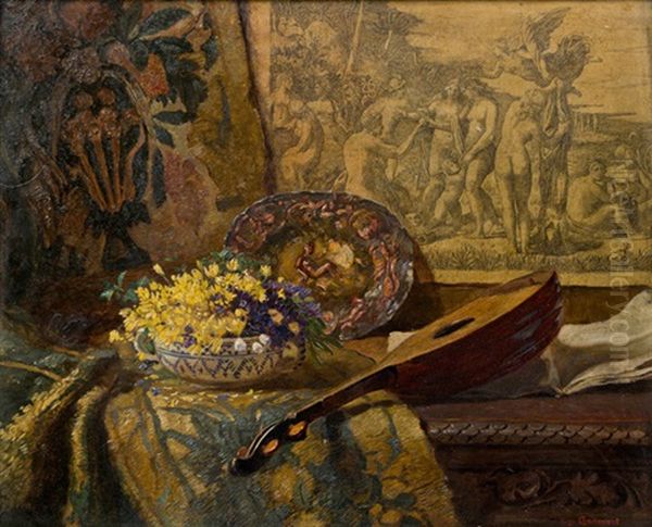 Stillleben Mit Blumen Und Laute Oil Painting by Hugo Charlemont