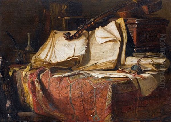 Stilleben Mit Notenbuch Auf Tisch Oil Painting by Hugo Charlemont