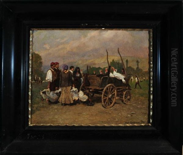 Auf Dem Geflugelmarkt - Die Bauern Stehen Mit Ihren Truthhahnen Am Holzkarren Oil Painting by Hugo Charlemont