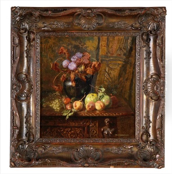 Herbstliches Stillleben Mit Blumenstrauss, Pfirsichen, Apfeln Und Trauben Oil Painting by Hugo Charlemont