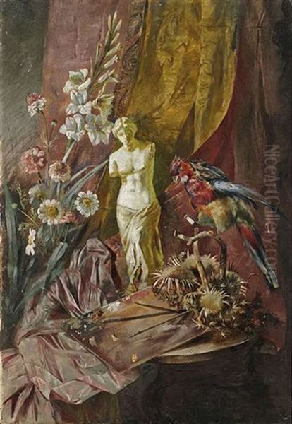 Stilleben Mit Blumen, Malerpalette, Papagei Und Einer Statuette Der Venus Von Milo, Drapiert Vor Einem Vorhang Oil Painting by Hugo Charlemont