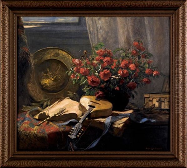 Still Life With Roses And A Mandolin Oil Painting by Hugo Charlemont