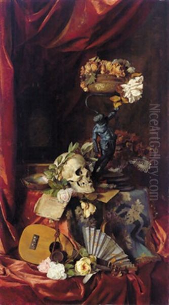 Stilleben Mit Mandoline, Facher, Rosen Und Einem Totenkopf Oil Painting by Hugo Charlemont