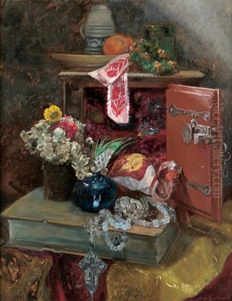 Stilleben Mit Blumen Und Ziergegenstanden Oil Painting by Hugo Charlemont