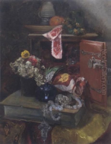 Stilleben Mit Blumen Und Ziergegenstanden Oil Painting by Hugo Charlemont