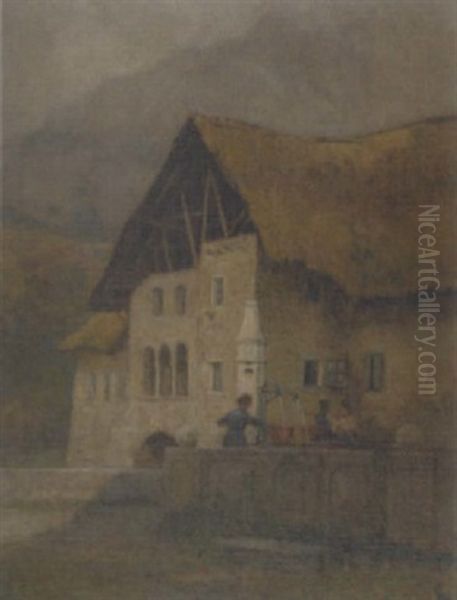 Tiroler Dorfansicht Mit Frauen Am Brunnen Oil Painting by Hugo Charlemont