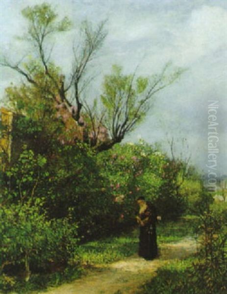 Lesender Monch Im Bluhenden Klostergarten Oil Painting by Hugo Charlemont