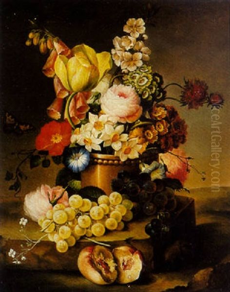 A Still Life With Flowers And Grapes On A Marble Ledge Oil Painting by Hugo Charlemont