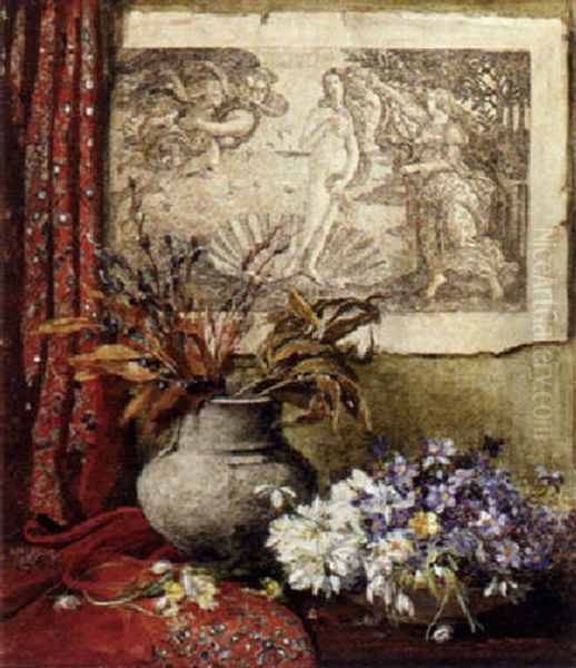 An Oppulent Floral Still Life Before A Print Of Botticelli's Birth Of Venus Oil Painting by Hugo Charlemont