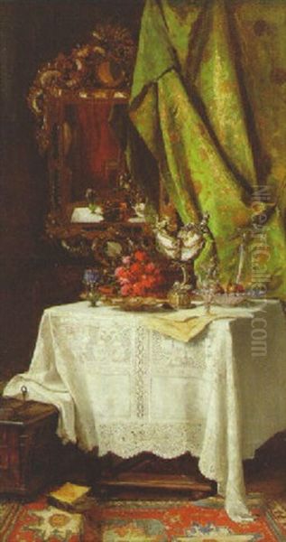 A Still Life With Nautilus Cup And Flowers On A Draped Table Oil Painting by Hugo Charlemont