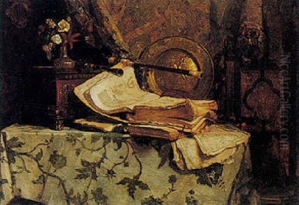 Still Life With Books And Musical Instruments Oil Painting by Hugo Charlemont