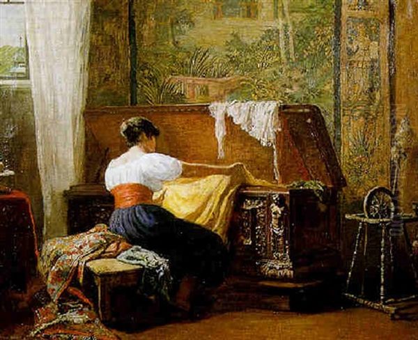 A Seamstress Seated At A Cassone Examining Cloth Oil Painting by Hugo Charlemont