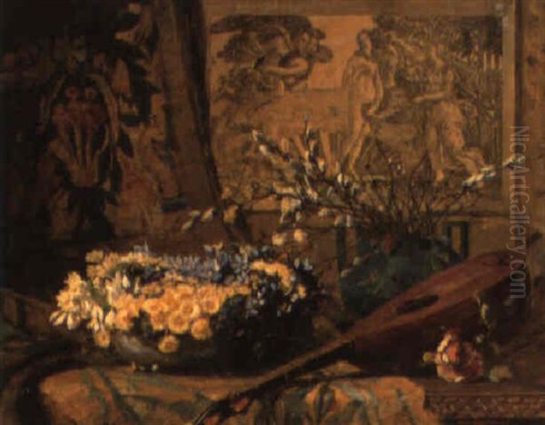 An Interior With A Lute And A Bowl Of Flowers On A Draped Table Oil Painting by Hugo Charlemont