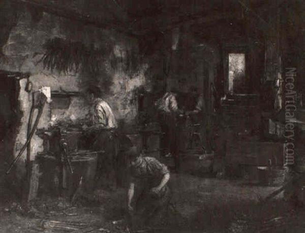 At The Blacksmith Shop Oil Painting by Hugo Charlemont