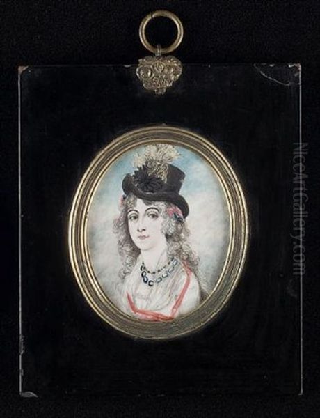 A Lady Wearing White Dress, Fichu, Blue Necklace And Red Ribbon About Her Neck, Blue And Red Ribbon In Her Powdered Hair And Black Hat Dressed With Rosette And White Ostrich Plumes Oil Painting by A. Charles