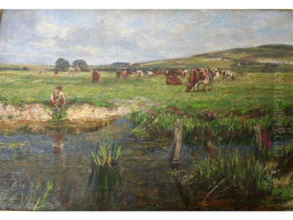 Fishing By The River In A Summer Meadow Oil Painting by James Charles