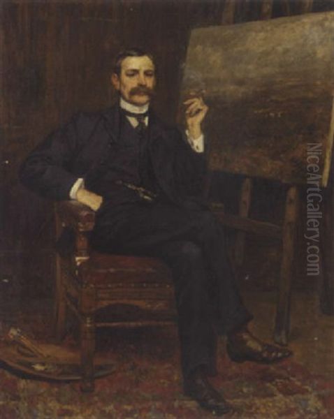 Portrait Of Tom Mitchell By His Easel, Smoking A Cigar Oil Painting by James Charles