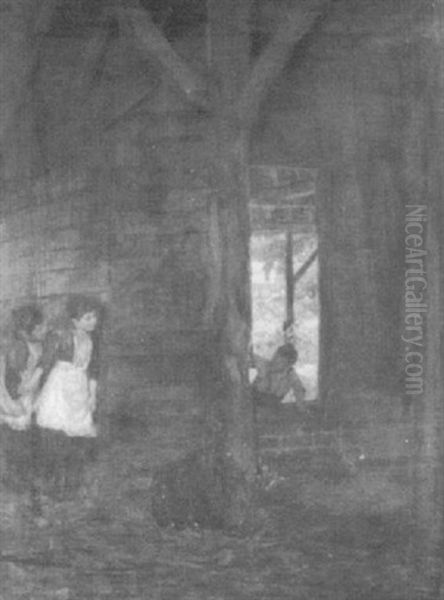 Two Girls Hiding In A Barn And Being Found By A Boy Oil Painting by James Charles