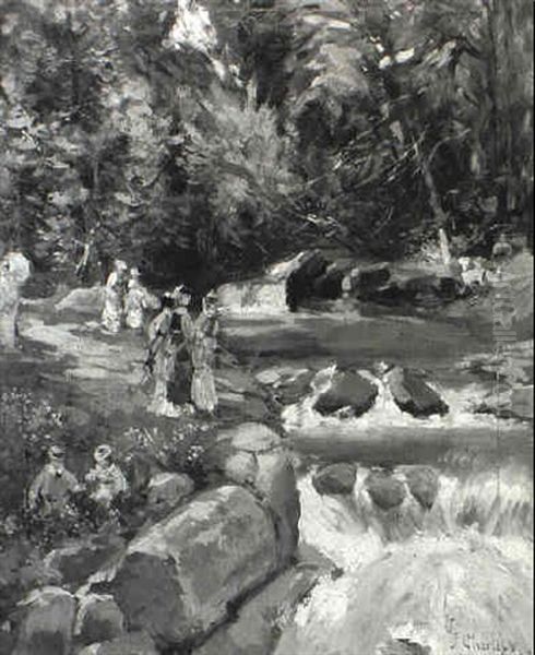 Figures Beside A Rushing Torrent Oil Painting by James Charles