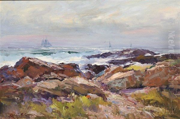 Rocky Shore With Distant Sailboats Oil Painting by Robert Charles