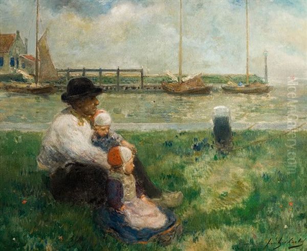 Homme Et Enfant Au Bord De L'eau Oil Painting by Frantz Charlet