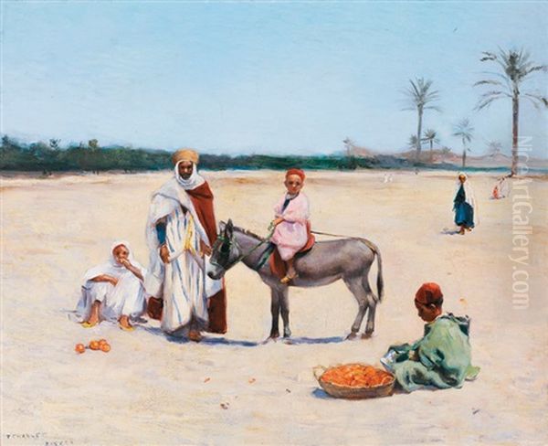 Les Petits Marchands De Fruits A Biskra Oil Painting by Frantz Charlet