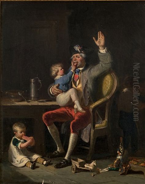 Le Vieux Militaire Jouant Avec Deux Enfants Oil Painting by Nicolas Toussaint Charlet